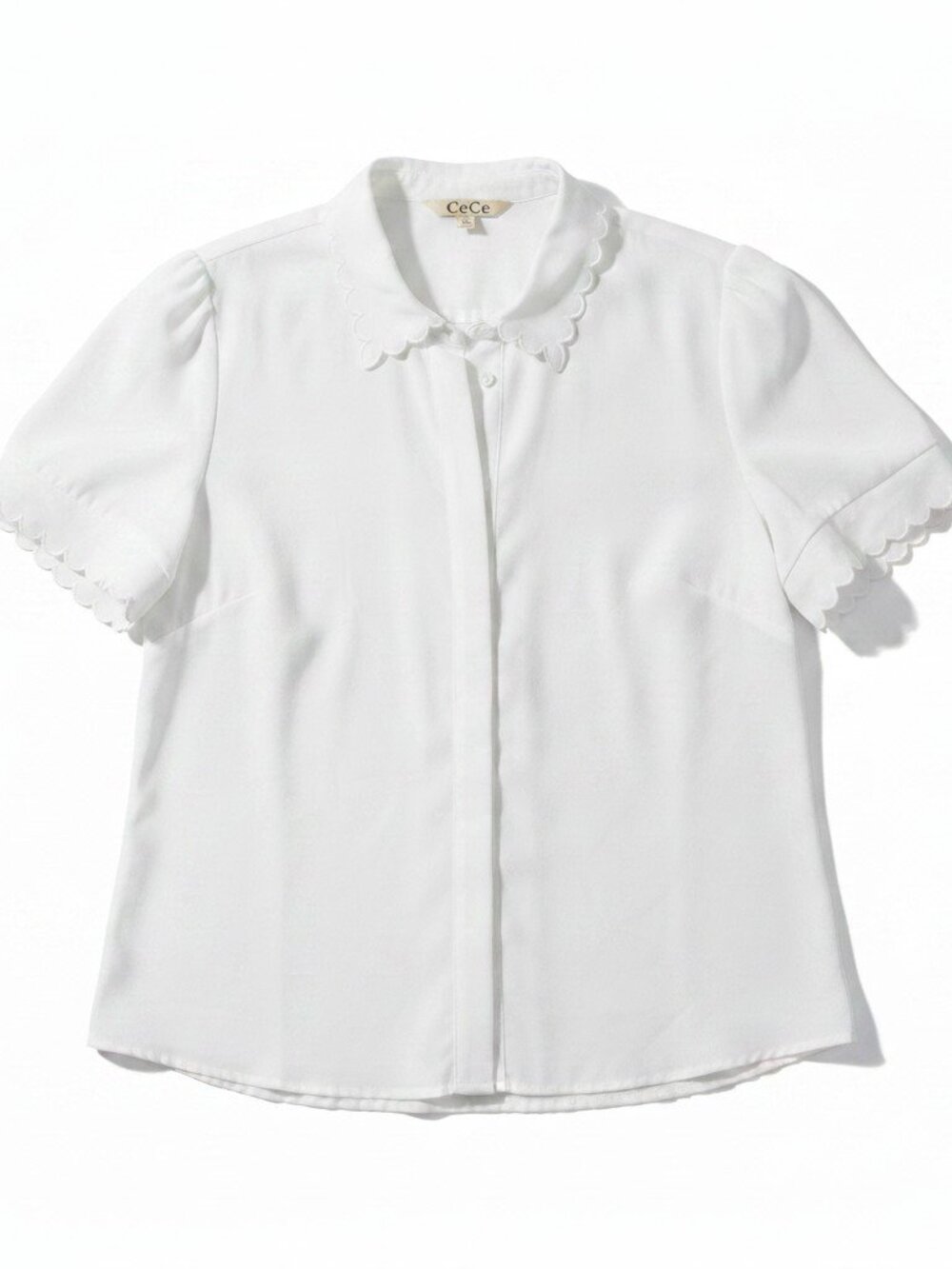 CeCe White Scallop-Trim Button Front Short Sleeve Blouse - Size XXL